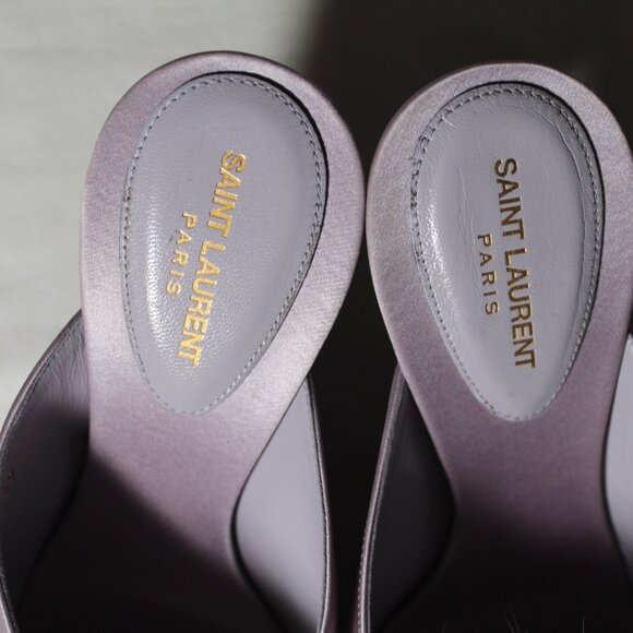 NWB Saint Laurent Paris Feather Pom Pom Kitten Heels Mules SlipOns Poly Grey 39 - Picture 6 of 9